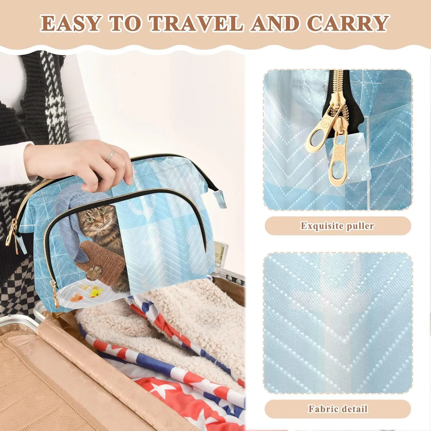 Women Wave Quilt Cosmetic Bag, Zipper Toiletry Storage 10.2x5.9x6.7 in, Pouch Handbag Makeup Case Purse Holder Organizer Print Cat Taking a Bath In Bathtub Behind Shower Curtain