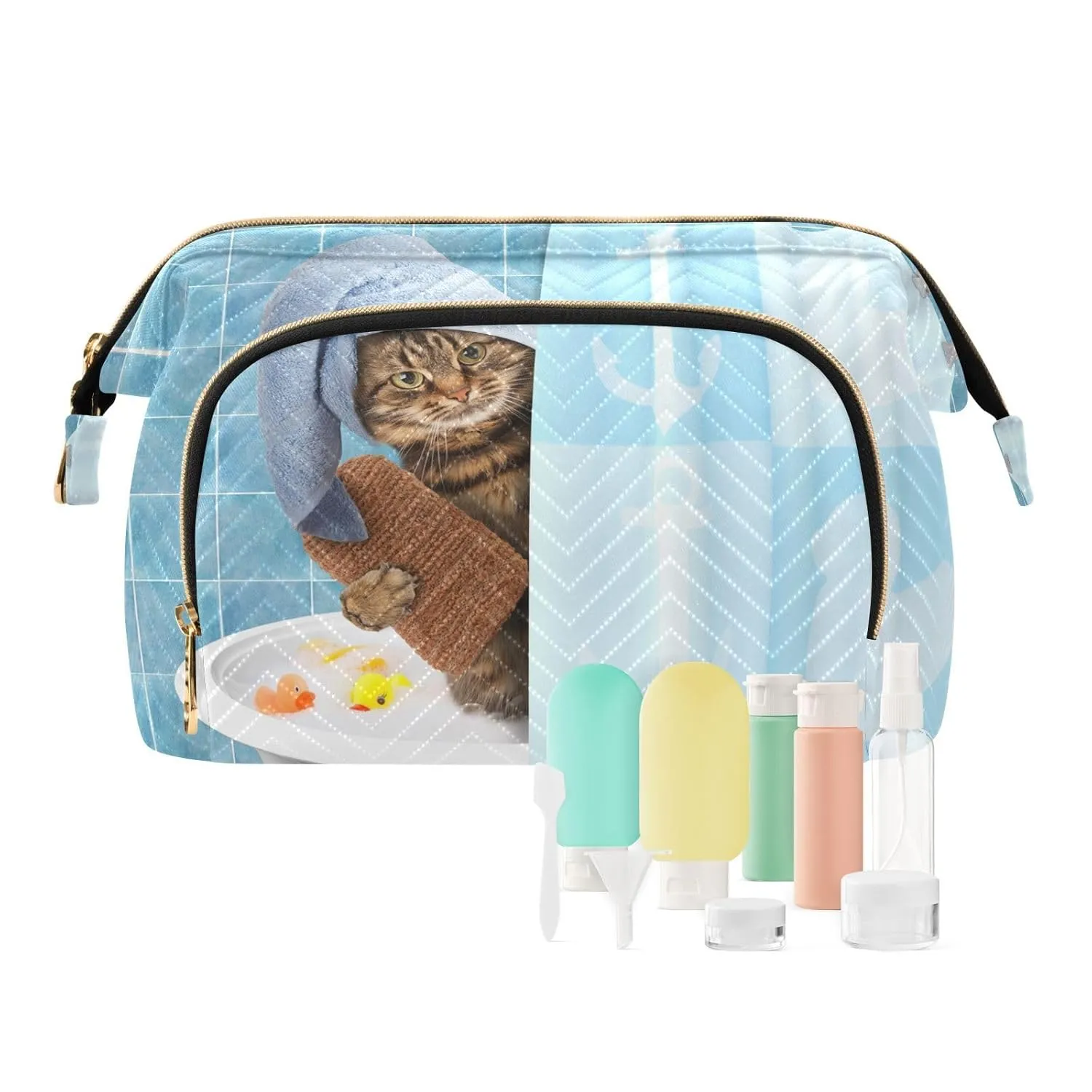 Women Wave Quilt Cosmetic Bag, Zipper Toiletry Storage 10.2x5.9x6.7 in, Pouch Handbag Makeup Case Purse Holder Organizer Print Cat Taking a Bath In Bathtub Behind Shower Curtain