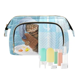 Women Wave Quilt Cosmetic Bag, Zipper Toiletry Storage 10.2x5.9x6.7 in, Pouch Handbag Makeup Case Purse Holder Organizer Print Cat Taking a Bath In Bathtub Behind Shower Curtain