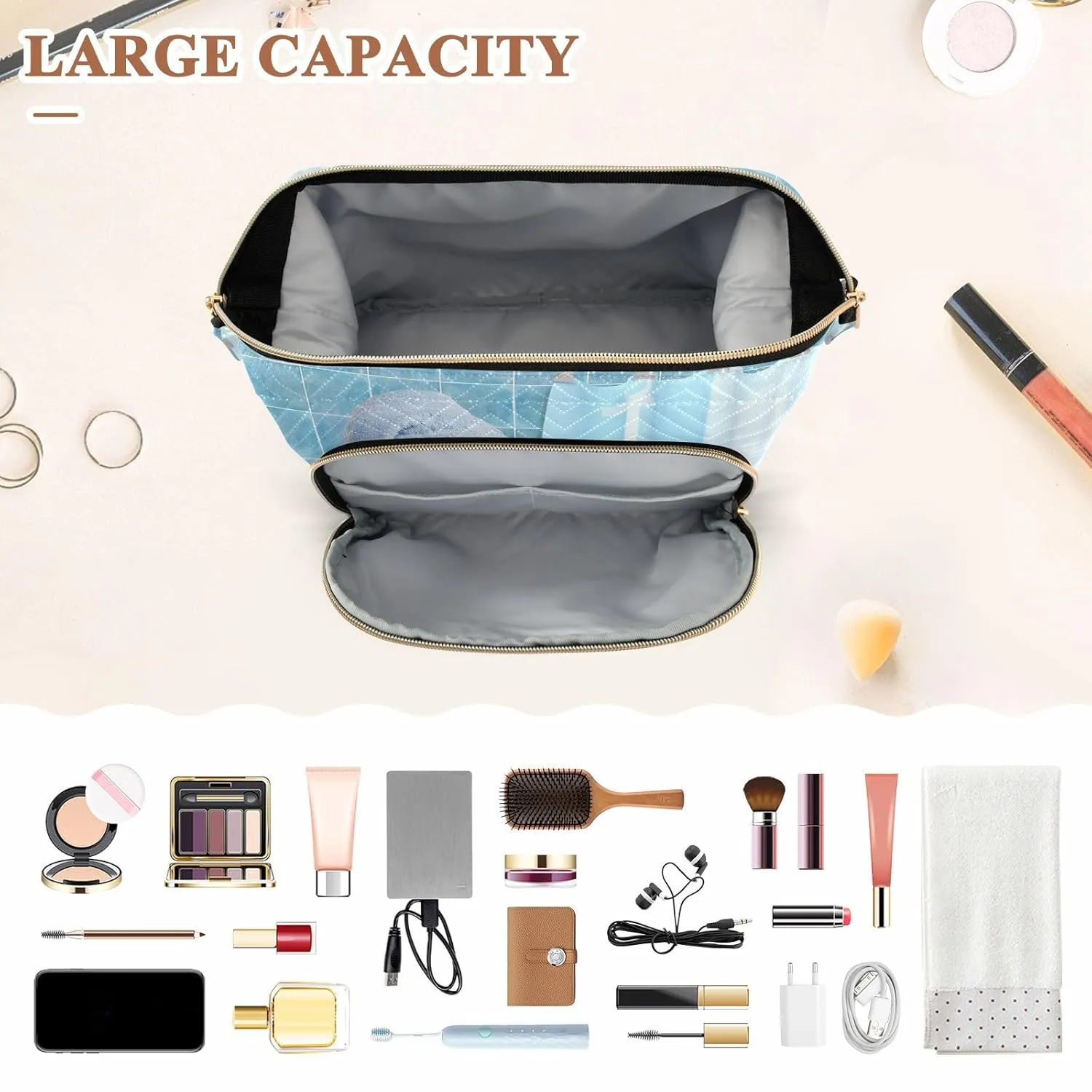 Women Wave Quilt Cosmetic Bag, Zipper Toiletry Storage 10.2x5.9x6.7 in, Pouch Handbag Makeup Case Purse Holder Organizer Print Cat Taking a Bath In Bathtub Behind Shower Curtain