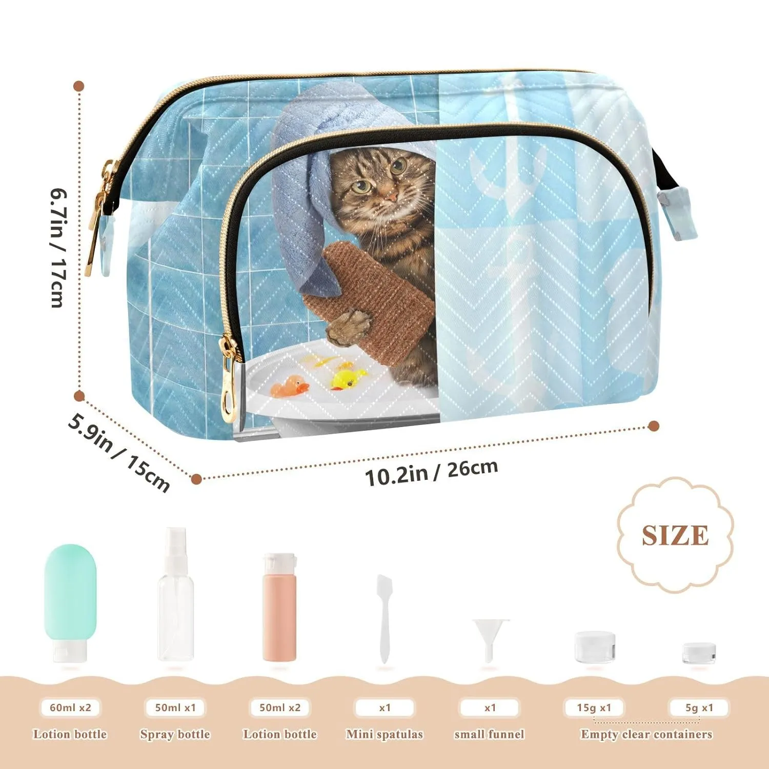Women Wave Quilt Cosmetic Bag, Zipper Toiletry Storage 10.2x5.9x6.7 in, Pouch Handbag Makeup Case Purse Holder Organizer Print Cat Taking a Bath In Bathtub Behind Shower Curtain