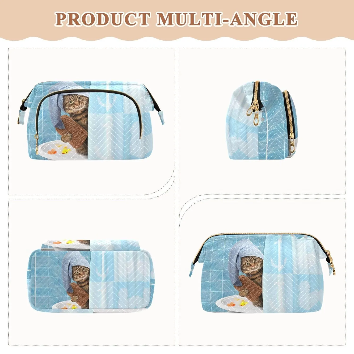 Women Wave Quilt Cosmetic Bag, Zipper Toiletry Storage 10.2x5.9x6.7 in, Pouch Handbag Makeup Case Purse Holder Organizer Print Cat Taking a Bath In Bathtub Behind Shower Curtain