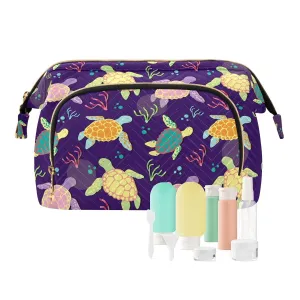Women Wave Quilt Cosmetic Bag, Zipper Toiletry Storage 10.2x5.9x6.7 in, Pouch Handbag Makeup Case Purse Holder Organizer Print Colorful Sea Turtles Algaes Seamless On Purple