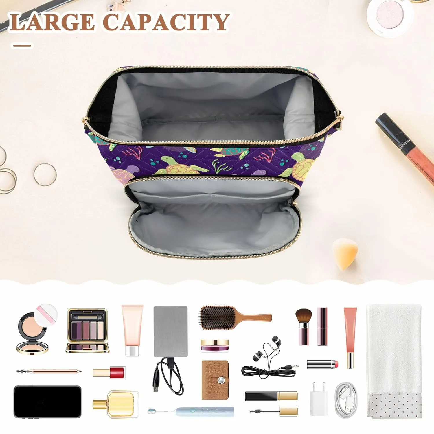 Women Wave Quilt Cosmetic Bag, Zipper Toiletry Storage 10.2x5.9x6.7 in, Pouch Handbag Makeup Case Purse Holder Organizer Print Colorful Sea Turtles Algaes Seamless On Purple