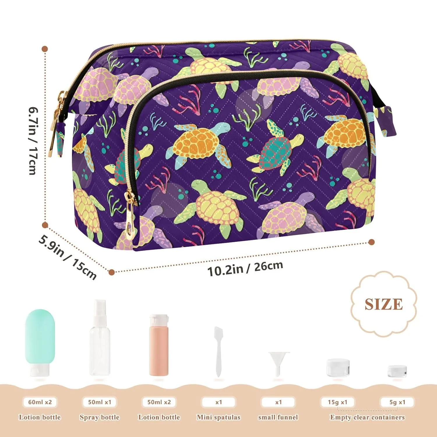 Women Wave Quilt Cosmetic Bag, Zipper Toiletry Storage 10.2x5.9x6.7 in, Pouch Handbag Makeup Case Purse Holder Organizer Print Colorful Sea Turtles Algaes Seamless On Purple