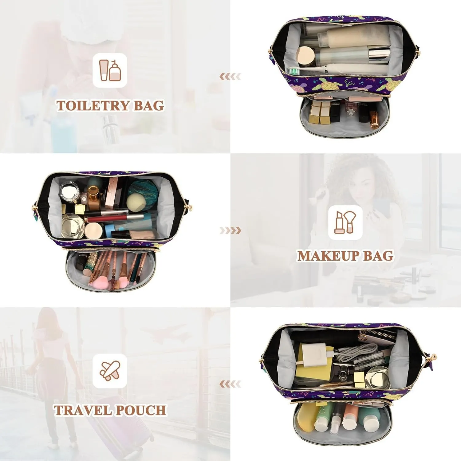 Women Wave Quilt Cosmetic Bag, Zipper Toiletry Storage 10.2x5.9x6.7 in, Pouch Handbag Makeup Case Purse Holder Organizer Print Colorful Sea Turtles Algaes Seamless On Purple