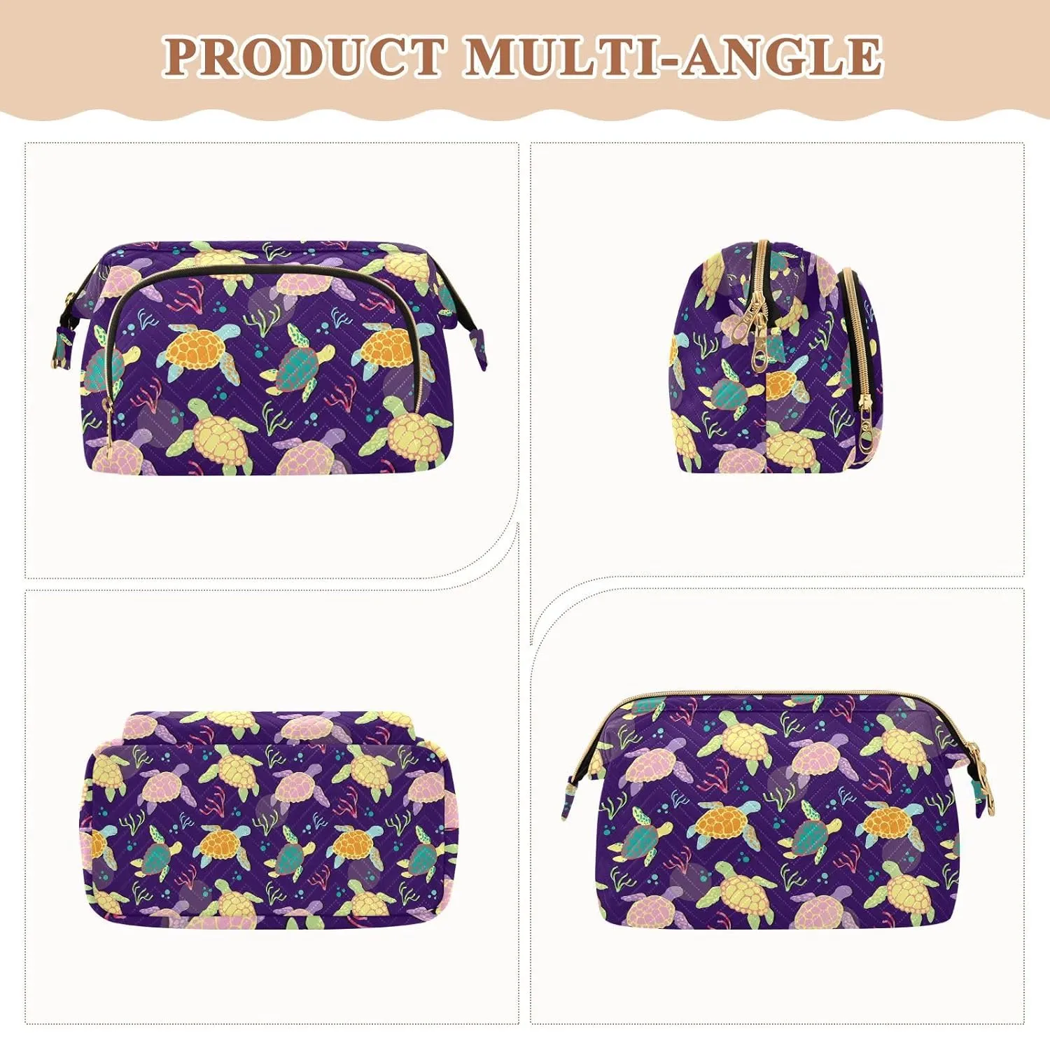Women Wave Quilt Cosmetic Bag, Zipper Toiletry Storage 10.2x5.9x6.7 in, Pouch Handbag Makeup Case Purse Holder Organizer Print Colorful Sea Turtles Algaes Seamless On Purple