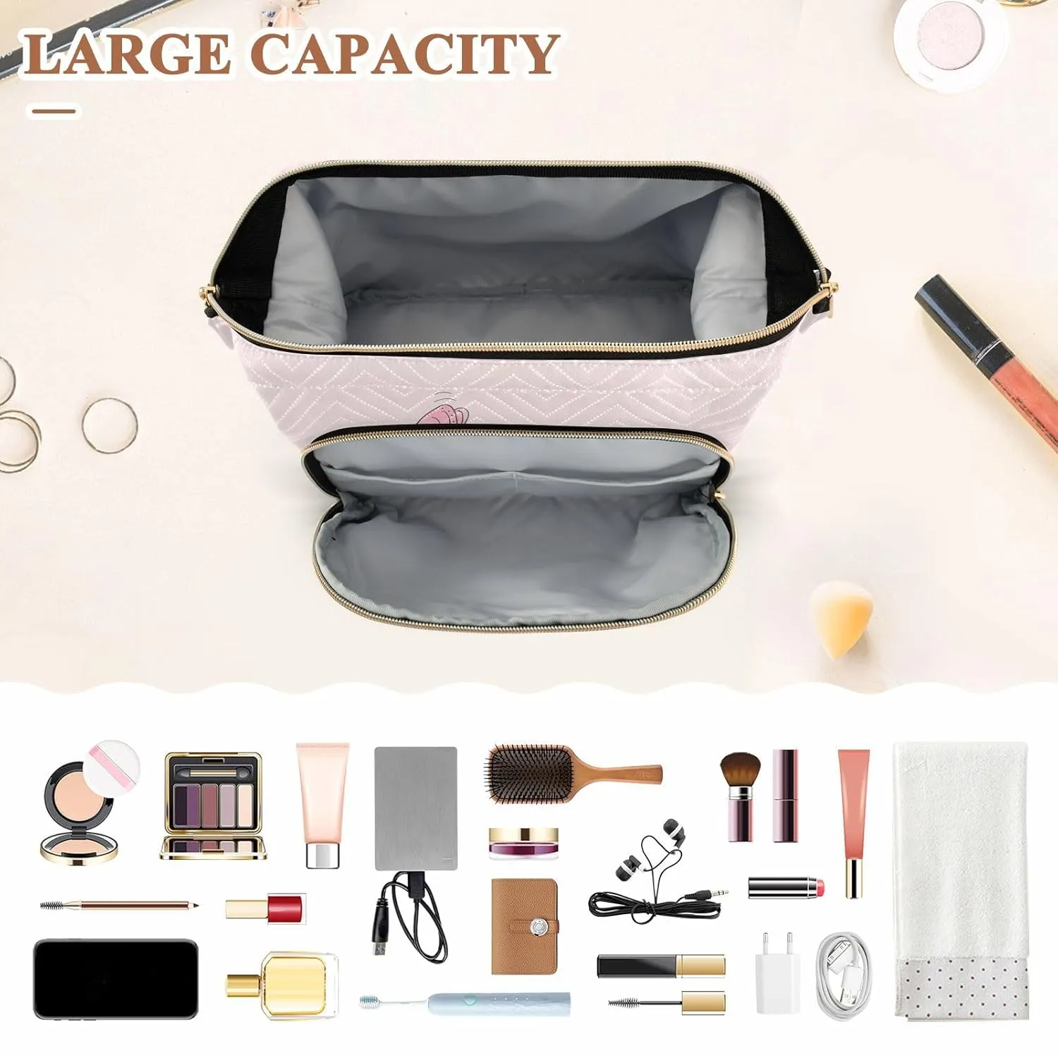 Women Wave Quilt Cosmetic Bag, Zipper Toiletry Storage 10.2x5.9x6.7 in, Pouch Handbag Makeup Case Purse Holder Organizer Print Cute Elephants Pink Butterfly On Pink