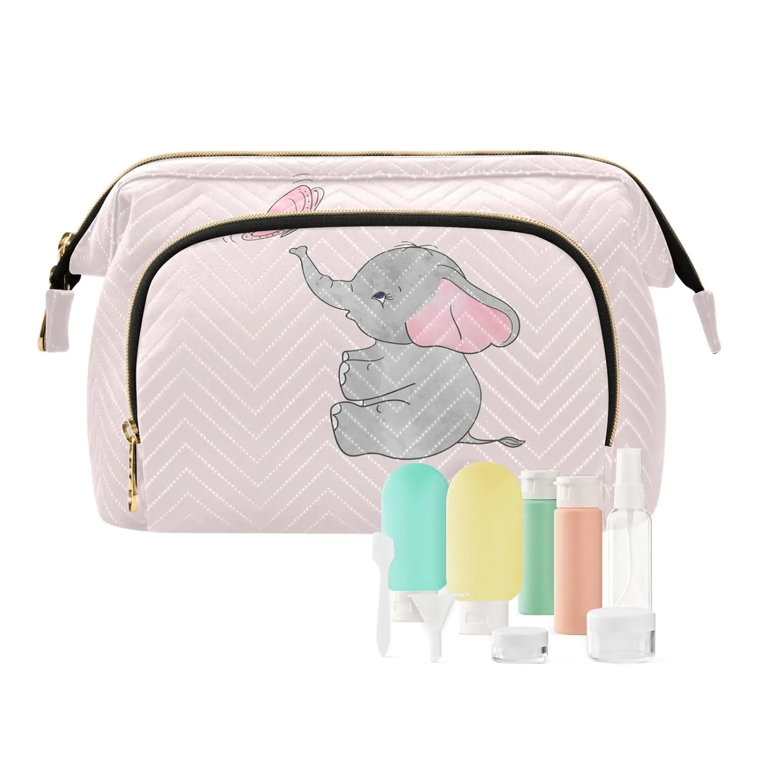 Women Wave Quilt Cosmetic Bag, Zipper Toiletry Storage 10.2x5.9x6.7 in, Pouch Handbag Makeup Case Purse Holder Organizer Print Cute Elephants Pink Butterfly On Pink