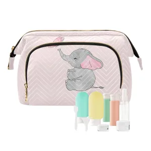 Women Wave Quilt Cosmetic Bag, Zipper Toiletry Storage 10.2x5.9x6.7 in, Pouch Handbag Makeup Case Purse Holder Organizer Print Cute Elephants Pink Butterfly On Pink