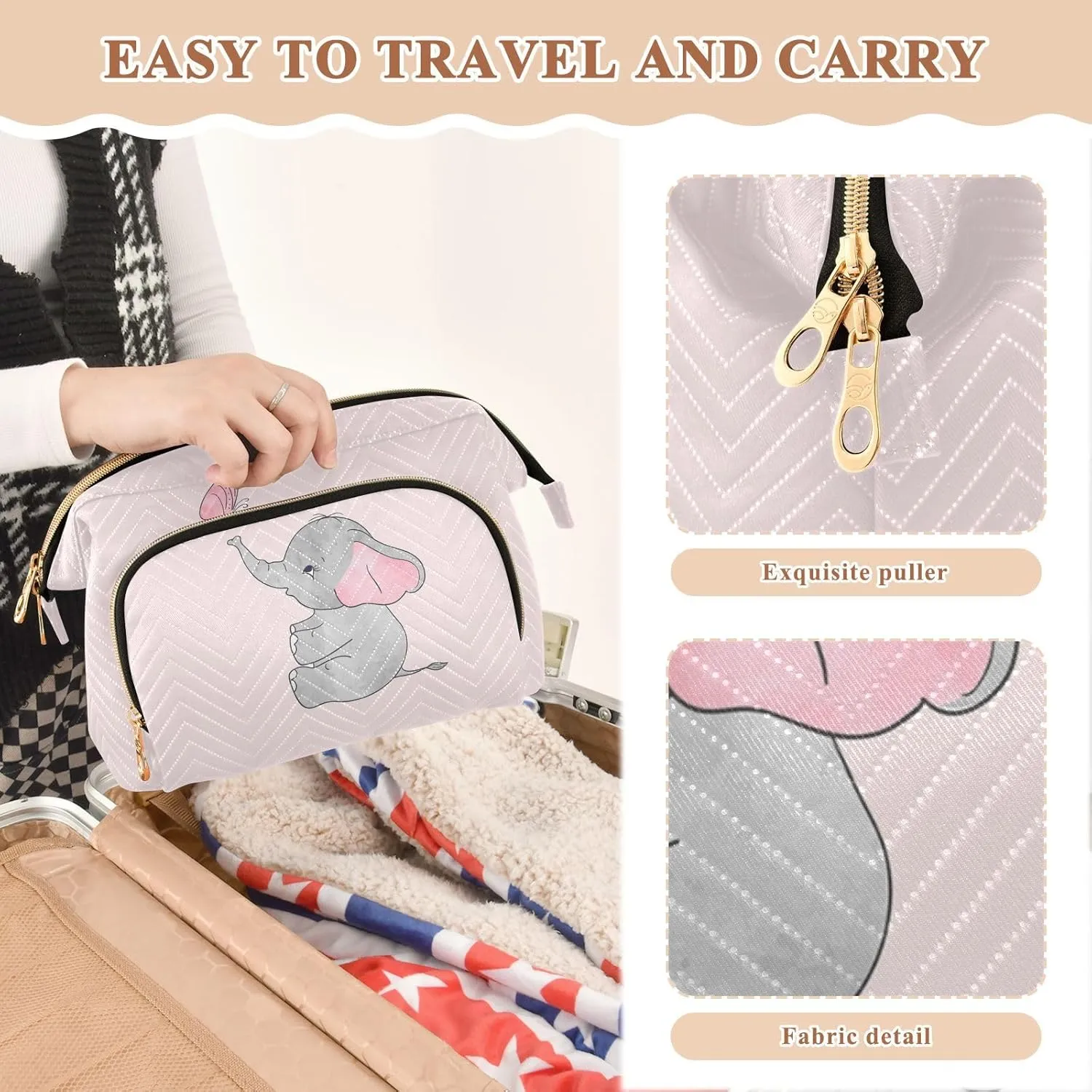 Women Wave Quilt Cosmetic Bag, Zipper Toiletry Storage 10.2x5.9x6.7 in, Pouch Handbag Makeup Case Purse Holder Organizer Print Cute Elephants Pink Butterfly On Pink