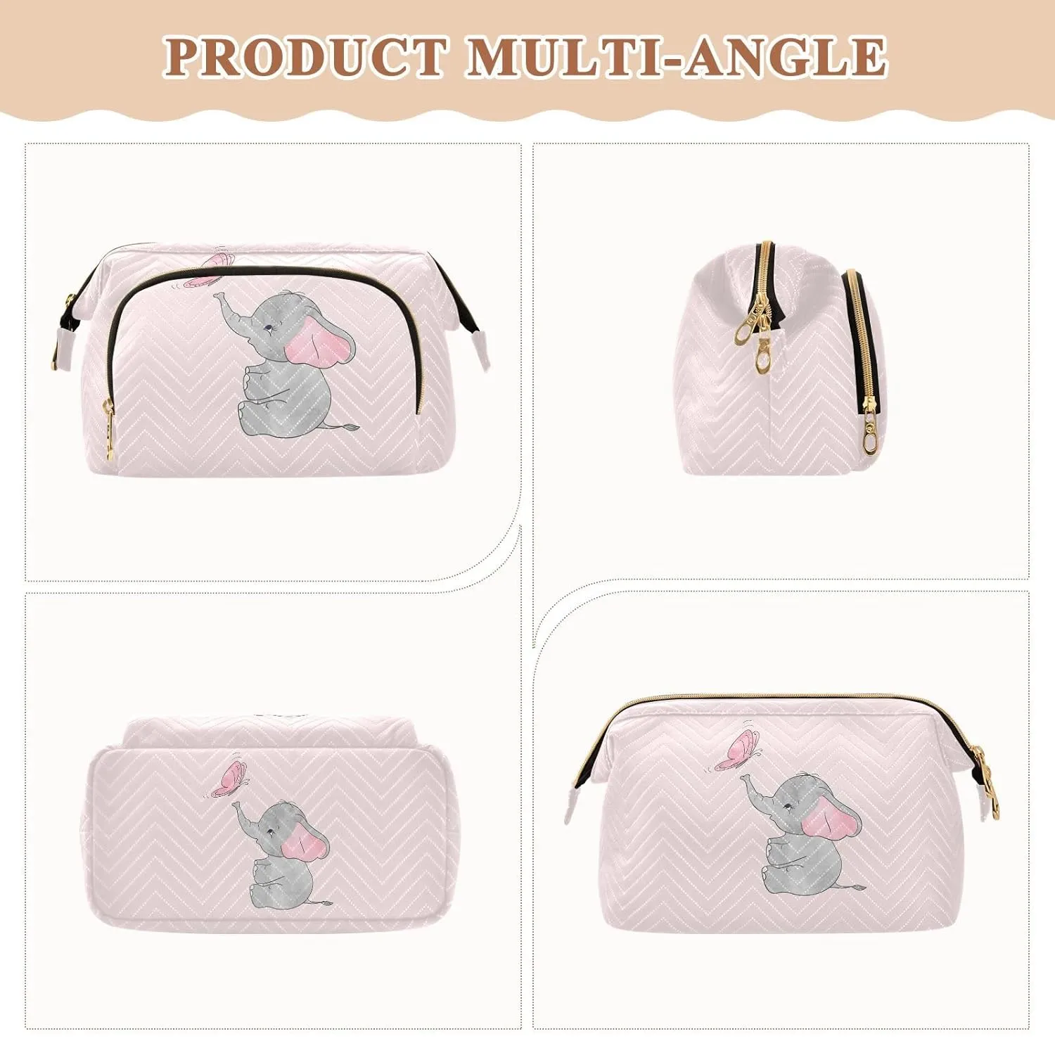 Women Wave Quilt Cosmetic Bag, Zipper Toiletry Storage 10.2x5.9x6.7 in, Pouch Handbag Makeup Case Purse Holder Organizer Print Cute Elephants Pink Butterfly On Pink