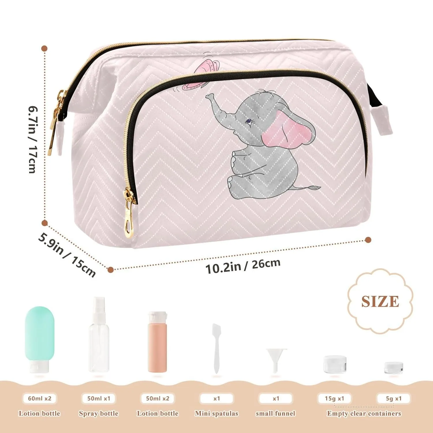Women Wave Quilt Cosmetic Bag, Zipper Toiletry Storage 10.2x5.9x6.7 in, Pouch Handbag Makeup Case Purse Holder Organizer Print Cute Elephants Pink Butterfly On Pink