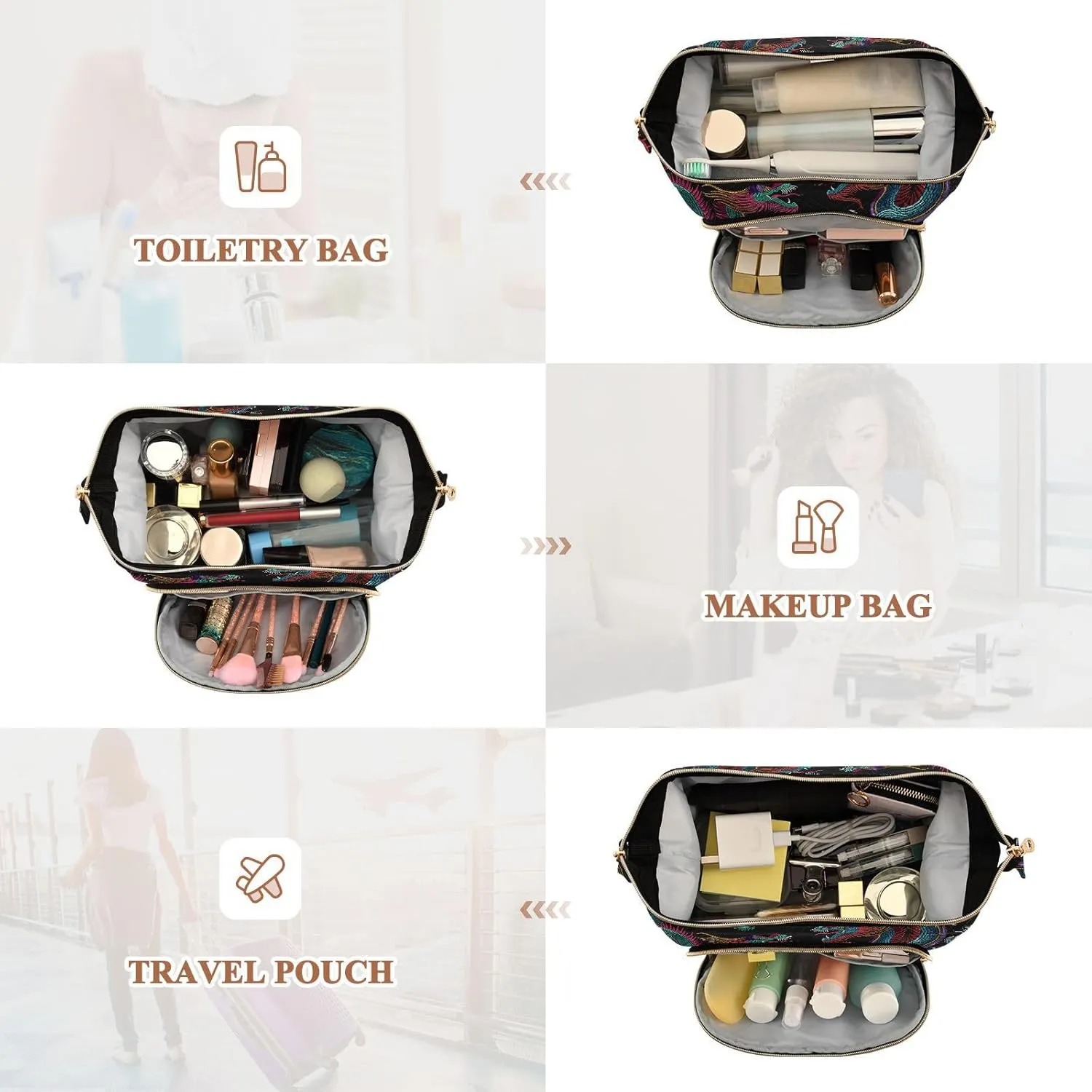 Women Wave Quilt Cosmetic Bag, Zipper Toiletry Storage 10.2x5.9x6.7 in, Pouch Handbag Makeup Case Purse Holder Organizer Print Embroidery Chinese Dragons Colorful Seamless On Black