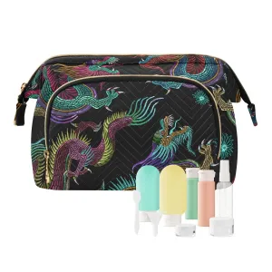 Women Wave Quilt Cosmetic Bag, Zipper Toiletry Storage 10.2x5.9x6.7 in, Pouch Handbag Makeup Case Purse Holder Organizer Print Embroidery Chinese Dragons Colorful Seamless On Black