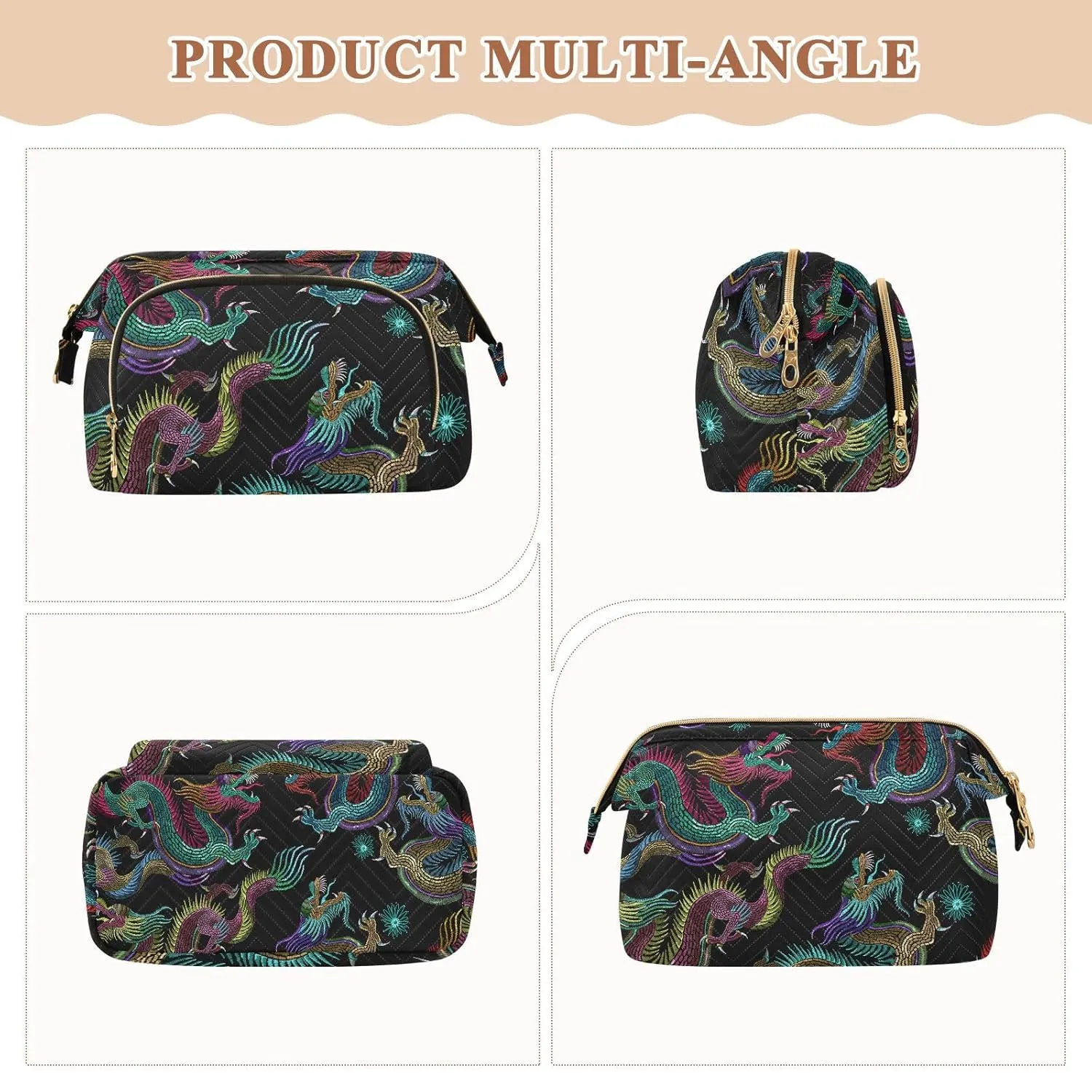 Women Wave Quilt Cosmetic Bag, Zipper Toiletry Storage 10.2x5.9x6.7 in, Pouch Handbag Makeup Case Purse Holder Organizer Print Embroidery Chinese Dragons Colorful Seamless On Black