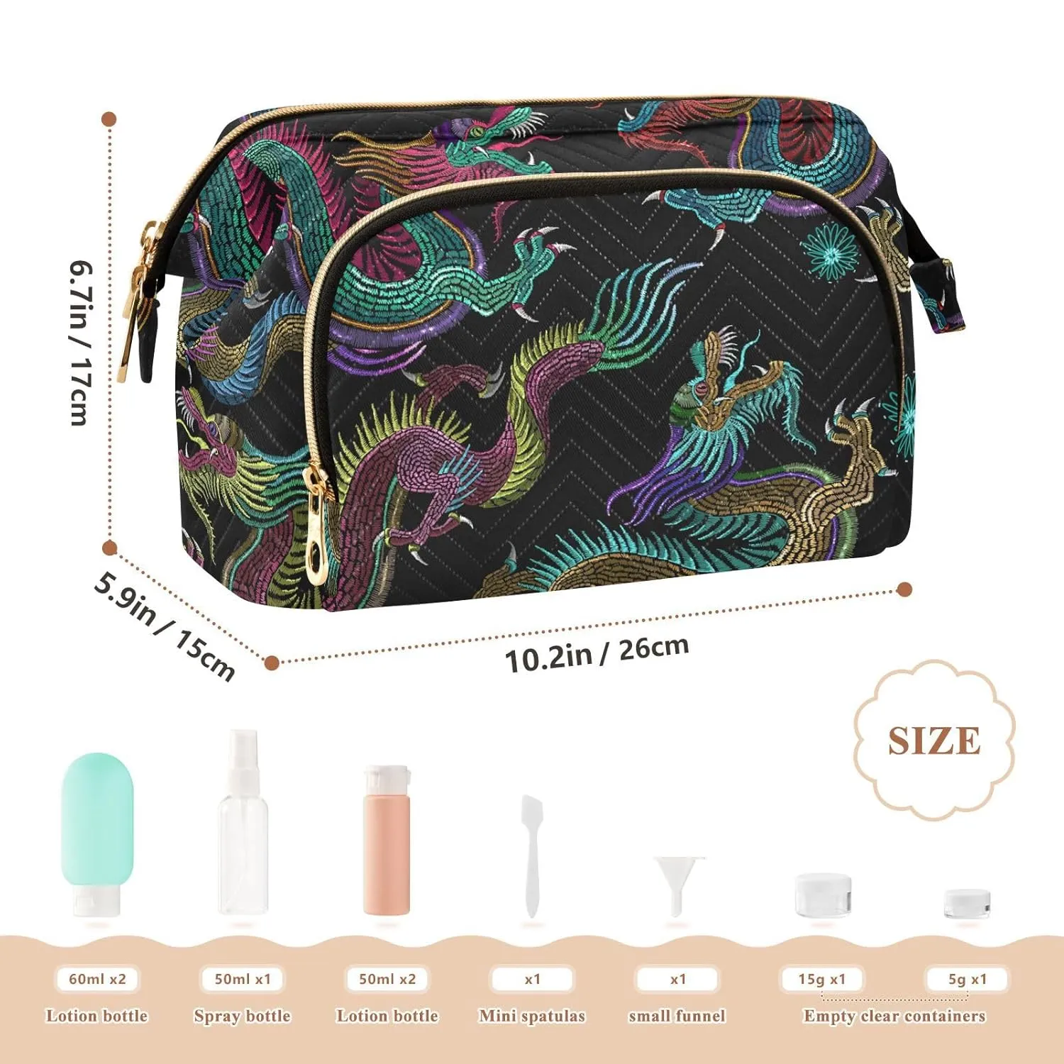 Women Wave Quilt Cosmetic Bag, Zipper Toiletry Storage 10.2x5.9x6.7 in, Pouch Handbag Makeup Case Purse Holder Organizer Print Embroidery Chinese Dragons Colorful Seamless On Black