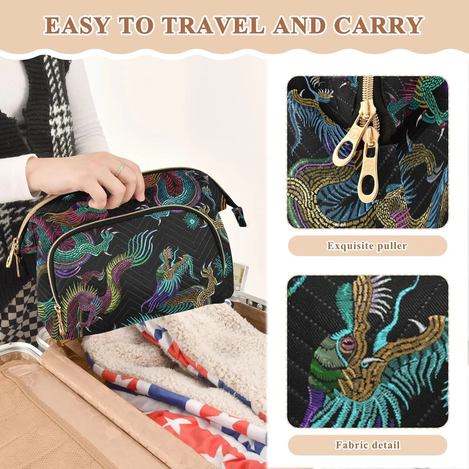 Women Wave Quilt Cosmetic Bag, Zipper Toiletry Storage 10.2x5.9x6.7 in, Pouch Handbag Makeup Case Purse Holder Organizer Print Embroidery Chinese Dragons Colorful Seamless On Black