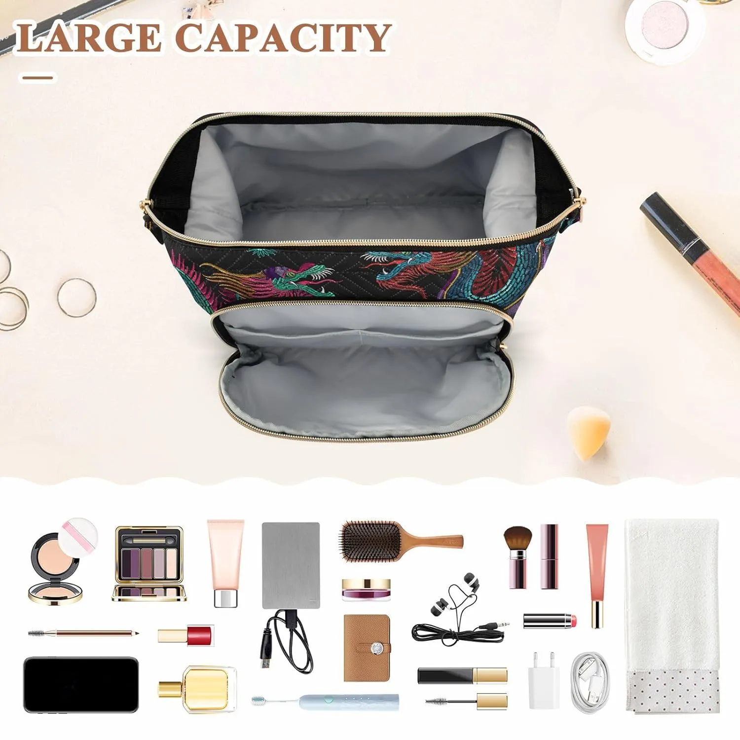 Women Wave Quilt Cosmetic Bag, Zipper Toiletry Storage 10.2x5.9x6.7 in, Pouch Handbag Makeup Case Purse Holder Organizer Print Embroidery Chinese Dragons Colorful Seamless On Black