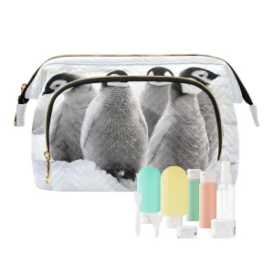 Women Wave Quilt Cosmetic Bag, Zipper Toiletry Storage 10.2x5.9x6.7 in, Pouch Handbag Makeup Case Purse Holder Organizer Print Emperor Penguin Chicks on the Snow in Antarctica