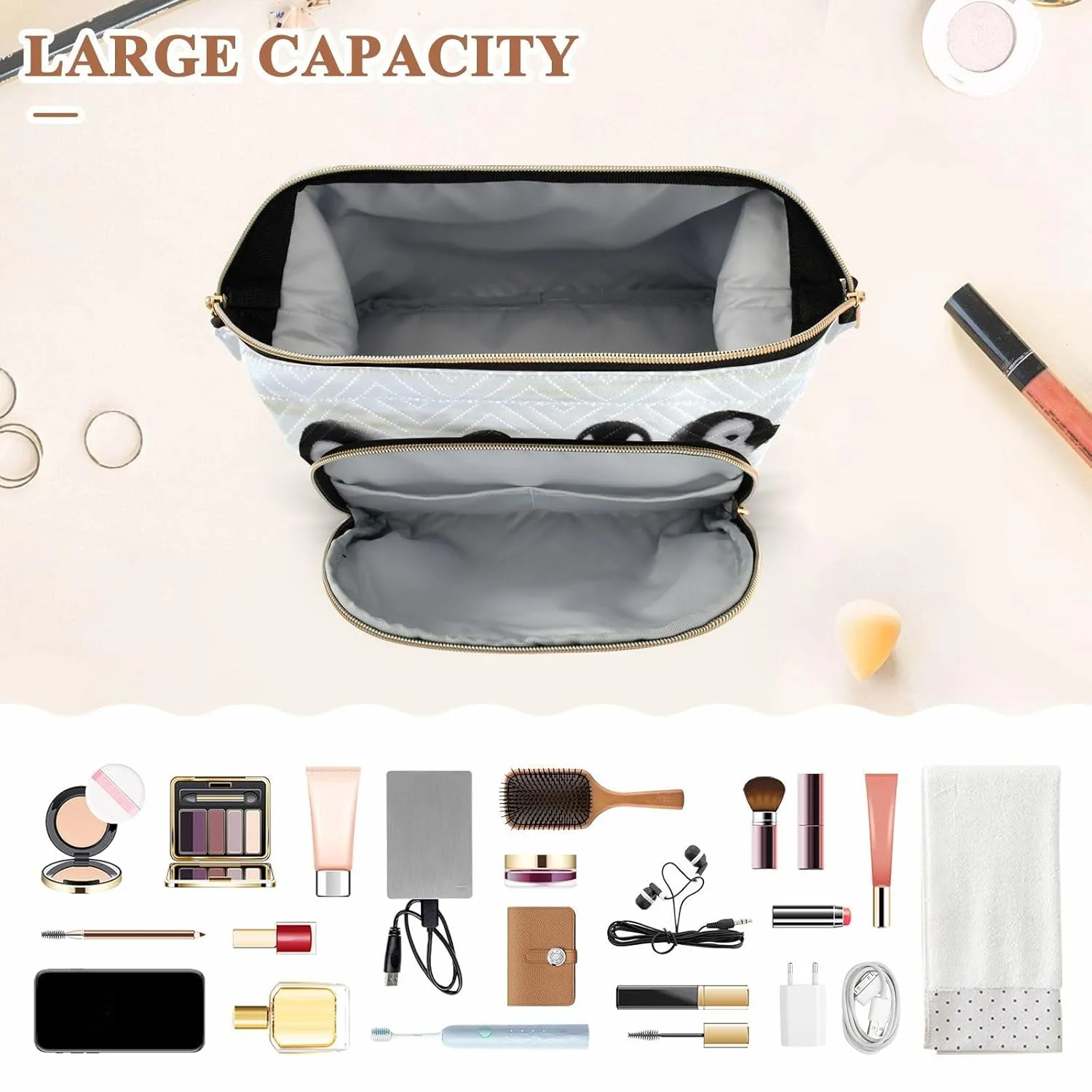 Women Wave Quilt Cosmetic Bag, Zipper Toiletry Storage 10.2x5.9x6.7 in, Pouch Handbag Makeup Case Purse Holder Organizer Print Emperor Penguin Chicks on the Snow in Antarctica