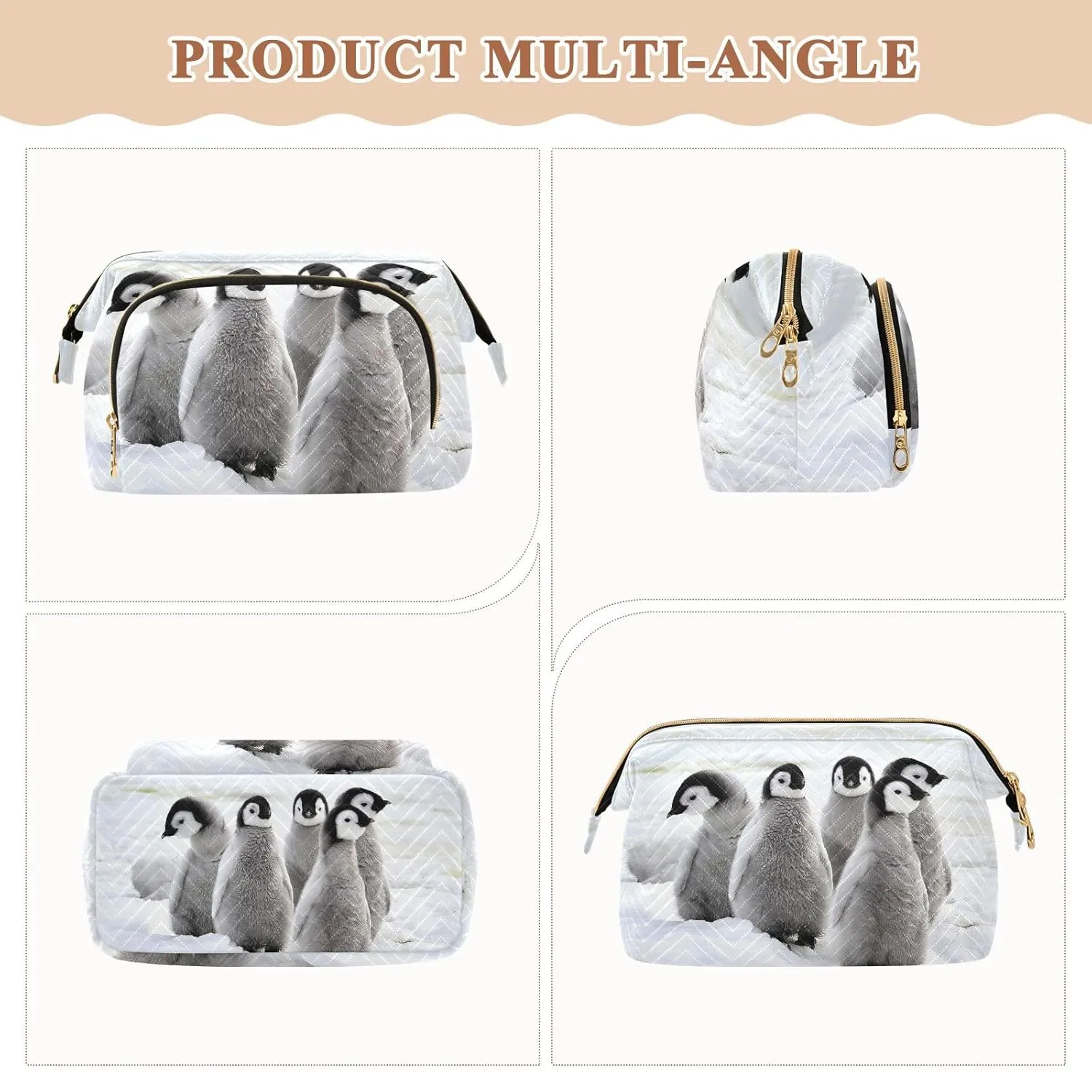 Women Wave Quilt Cosmetic Bag, Zipper Toiletry Storage 10.2x5.9x6.7 in, Pouch Handbag Makeup Case Purse Holder Organizer Print Emperor Penguin Chicks on the Snow in Antarctica