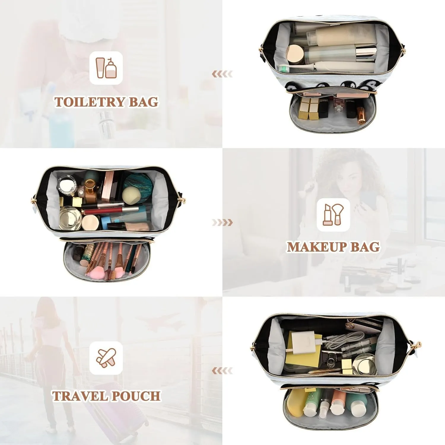 Women Wave Quilt Cosmetic Bag, Zipper Toiletry Storage 10.2x5.9x6.7 in, Pouch Handbag Makeup Case Purse Holder Organizer Print Emperor Penguin Chicks on the Snow in Antarctica