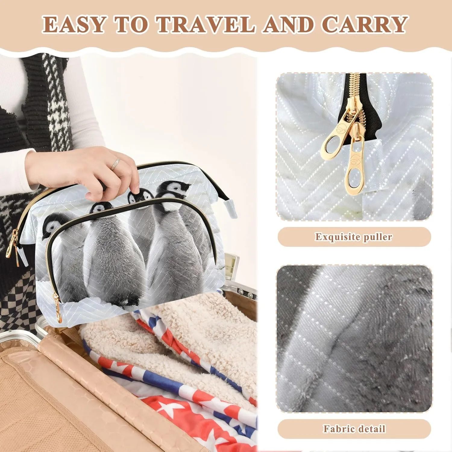 Women Wave Quilt Cosmetic Bag, Zipper Toiletry Storage 10.2x5.9x6.7 in, Pouch Handbag Makeup Case Purse Holder Organizer Print Emperor Penguin Chicks on the Snow in Antarctica