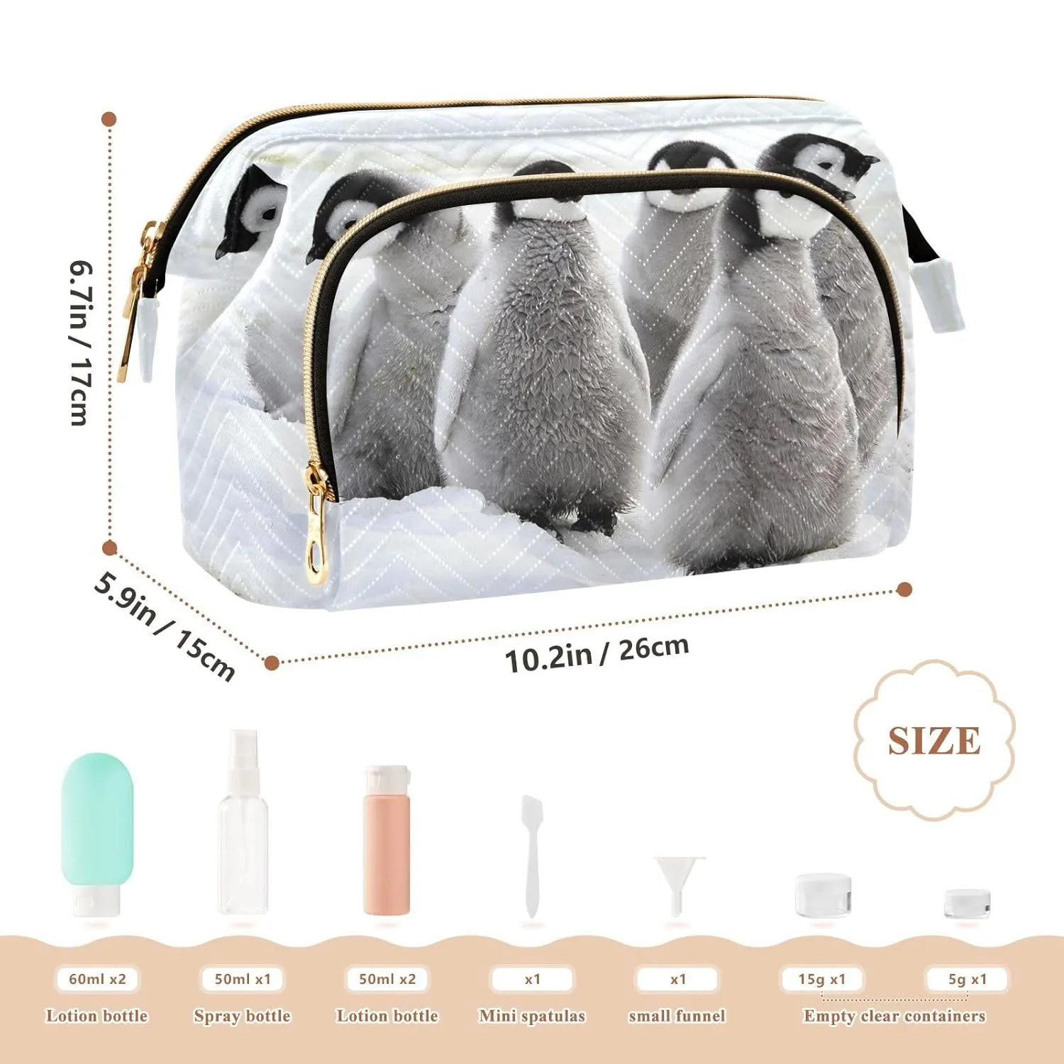Women Wave Quilt Cosmetic Bag, Zipper Toiletry Storage 10.2x5.9x6.7 in, Pouch Handbag Makeup Case Purse Holder Organizer Print Emperor Penguin Chicks on the Snow in Antarctica