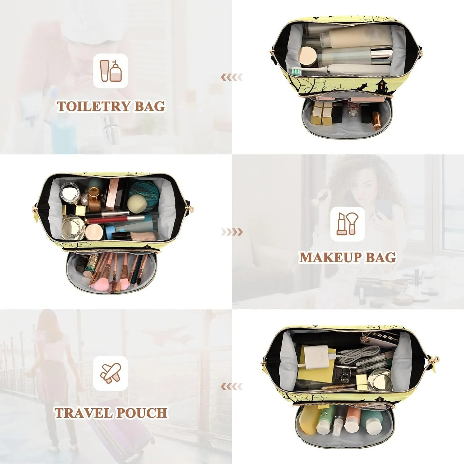Women Wave Quilt Cosmetic Bag, Zipper Toiletry Storage 10.2x5.9x6.7 in, Pouch Handbag Makeup Case Purse Holder Organizer Print Halloween Black Pumpkins House Moon