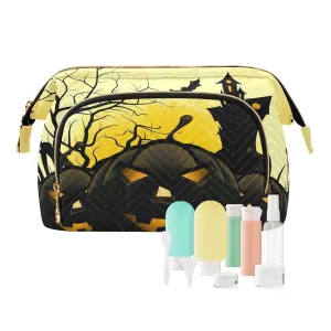 Women Wave Quilt Cosmetic Bag, Zipper Toiletry Storage 10.2x5.9x6.7 in, Pouch Handbag Makeup Case Purse Holder Organizer Print Halloween Black Pumpkins House Moon