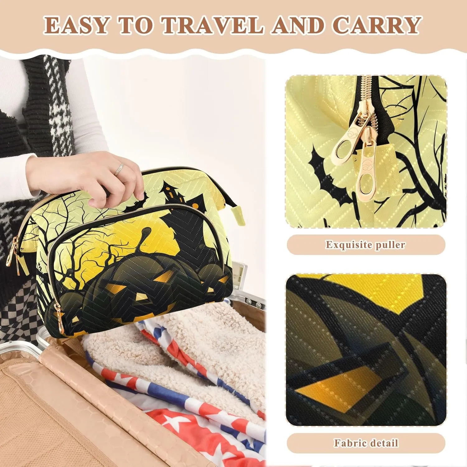 Women Wave Quilt Cosmetic Bag, Zipper Toiletry Storage 10.2x5.9x6.7 in, Pouch Handbag Makeup Case Purse Holder Organizer Print Halloween Black Pumpkins House Moon