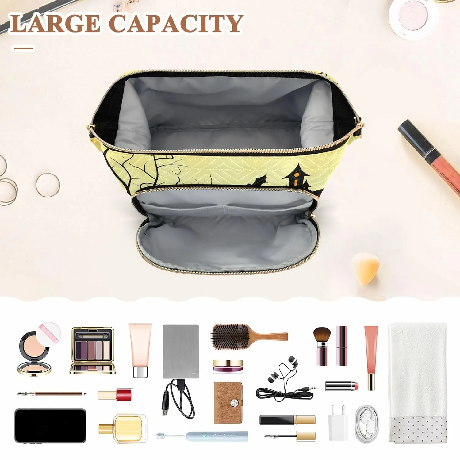Women Wave Quilt Cosmetic Bag, Zipper Toiletry Storage 10.2x5.9x6.7 in, Pouch Handbag Makeup Case Purse Holder Organizer Print Halloween Black Pumpkins House Moon