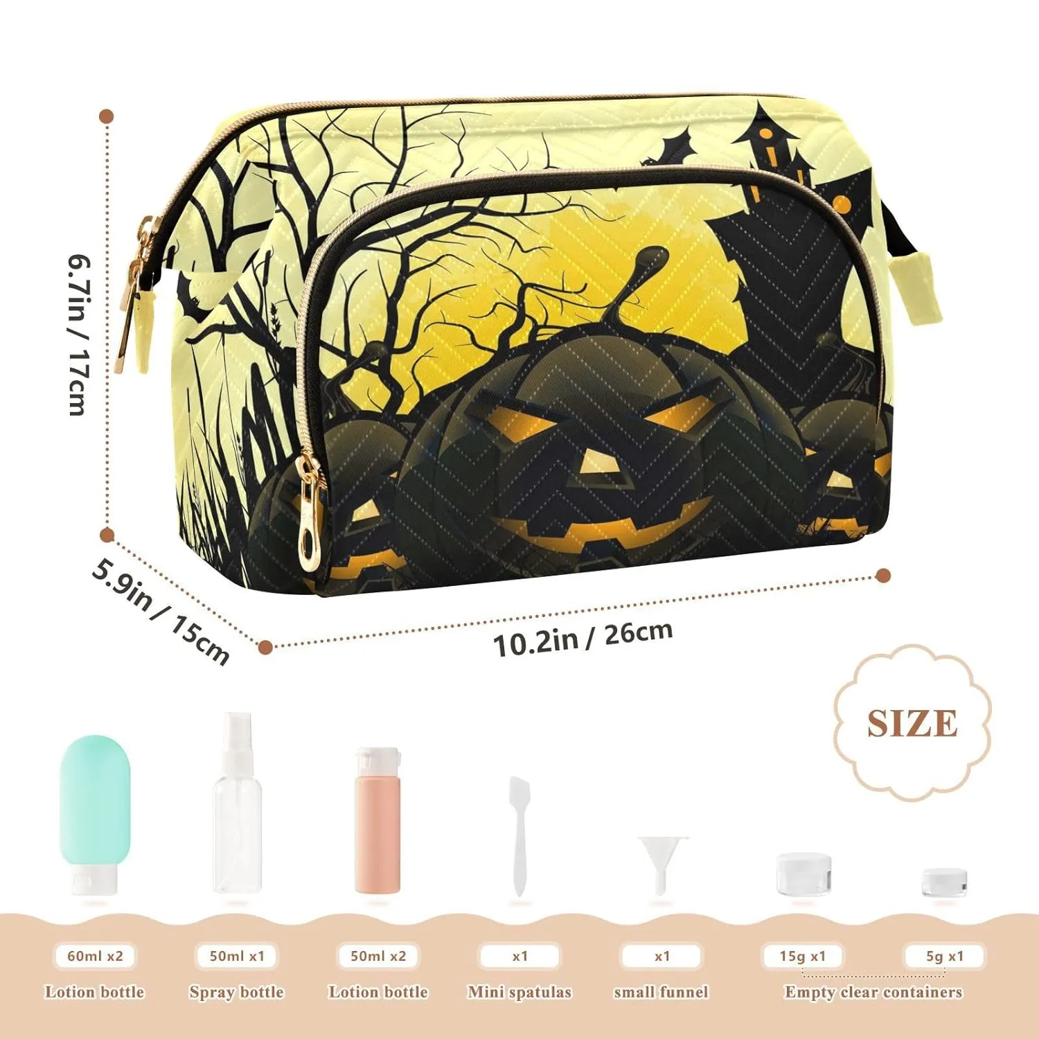Women Wave Quilt Cosmetic Bag, Zipper Toiletry Storage 10.2x5.9x6.7 in, Pouch Handbag Makeup Case Purse Holder Organizer Print Halloween Black Pumpkins House Moon