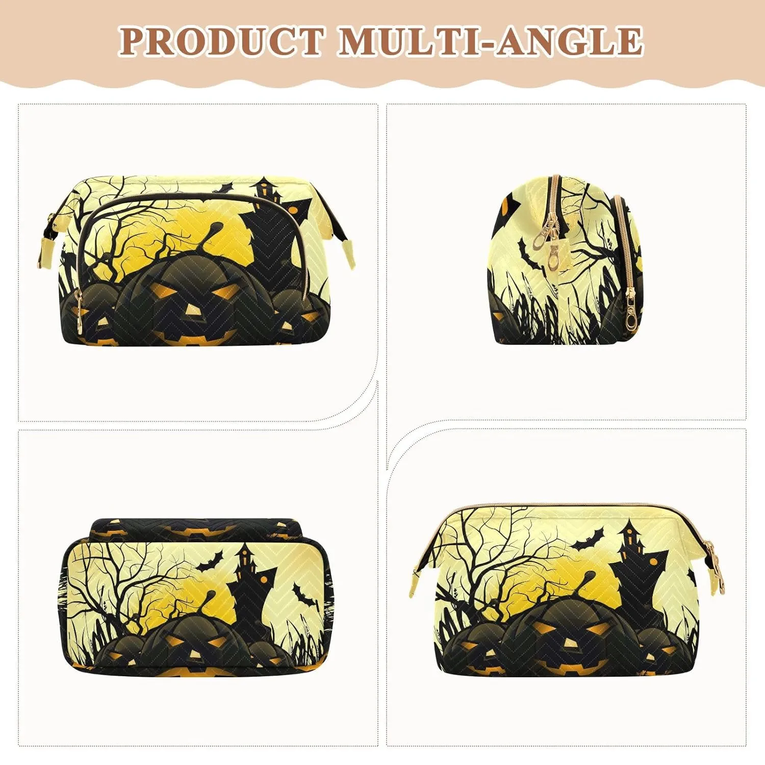 Women Wave Quilt Cosmetic Bag, Zipper Toiletry Storage 10.2x5.9x6.7 in, Pouch Handbag Makeup Case Purse Holder Organizer Print Halloween Black Pumpkins House Moon