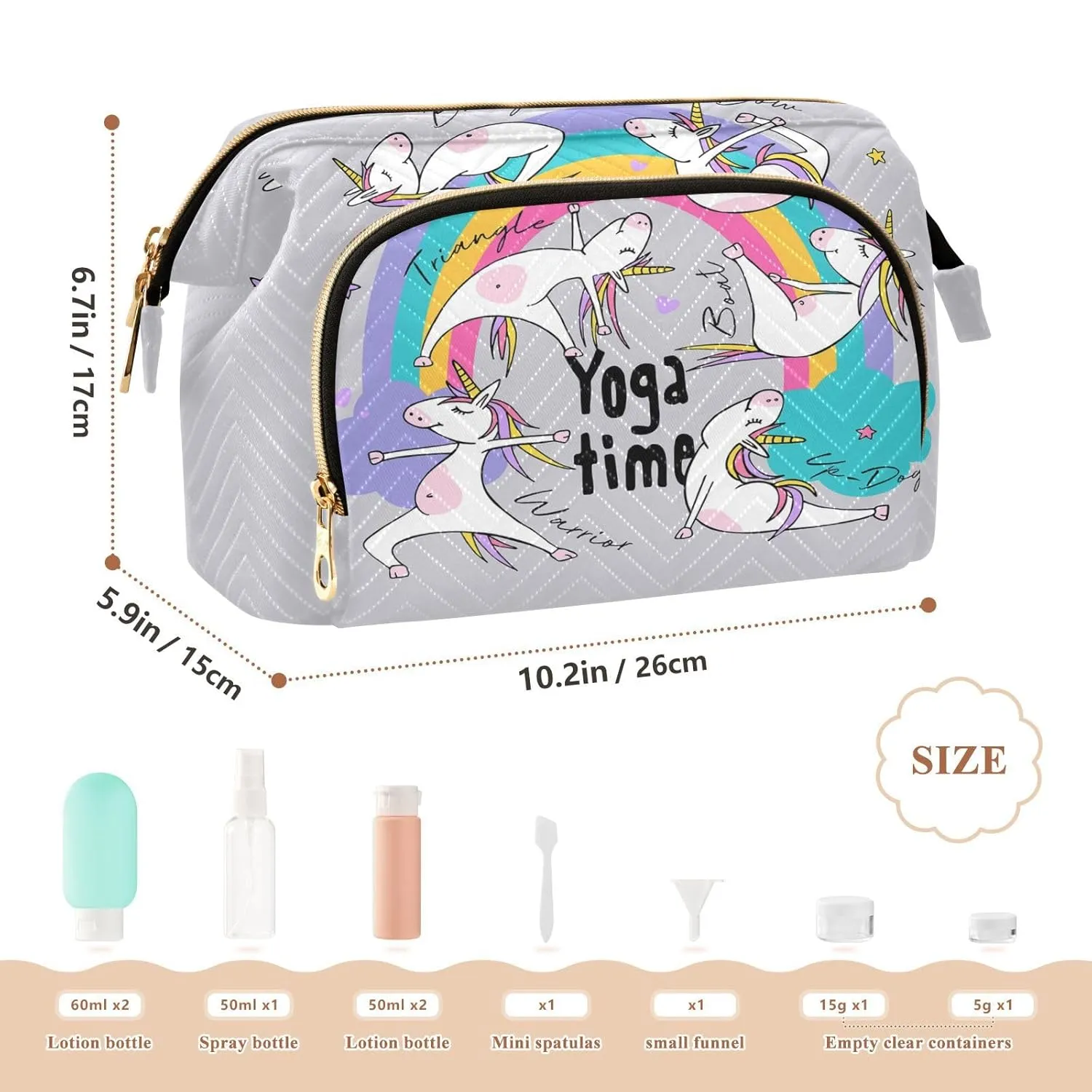 Women Wave Quilt Cosmetic Bag, Zipper Toiletry Storage 10.2x5.9x6.7 in, Pouch Handbag Makeup Case Purse Holder Organizer Print Little White Unicorns Practicing Yoga On a Rainbow