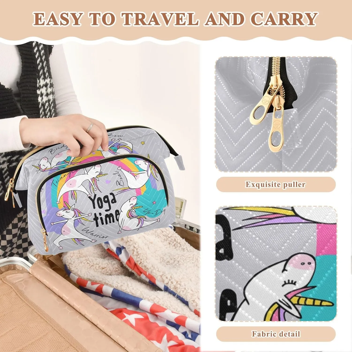 Women Wave Quilt Cosmetic Bag, Zipper Toiletry Storage 10.2x5.9x6.7 in, Pouch Handbag Makeup Case Purse Holder Organizer Print Little White Unicorns Practicing Yoga On a Rainbow