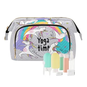 Women Wave Quilt Cosmetic Bag, Zipper Toiletry Storage 10.2x5.9x6.7 in, Pouch Handbag Makeup Case Purse Holder Organizer Print Little White Unicorns Practicing Yoga On a Rainbow
