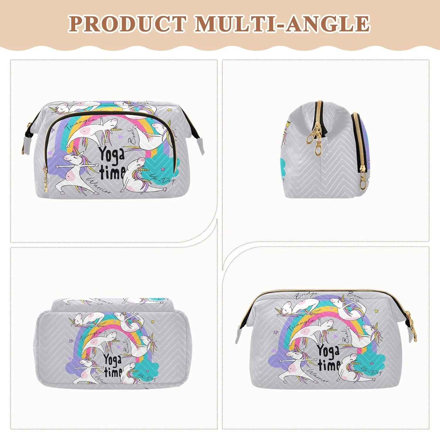 Women Wave Quilt Cosmetic Bag, Zipper Toiletry Storage 10.2x5.9x6.7 in, Pouch Handbag Makeup Case Purse Holder Organizer Print Little White Unicorns Practicing Yoga On a Rainbow