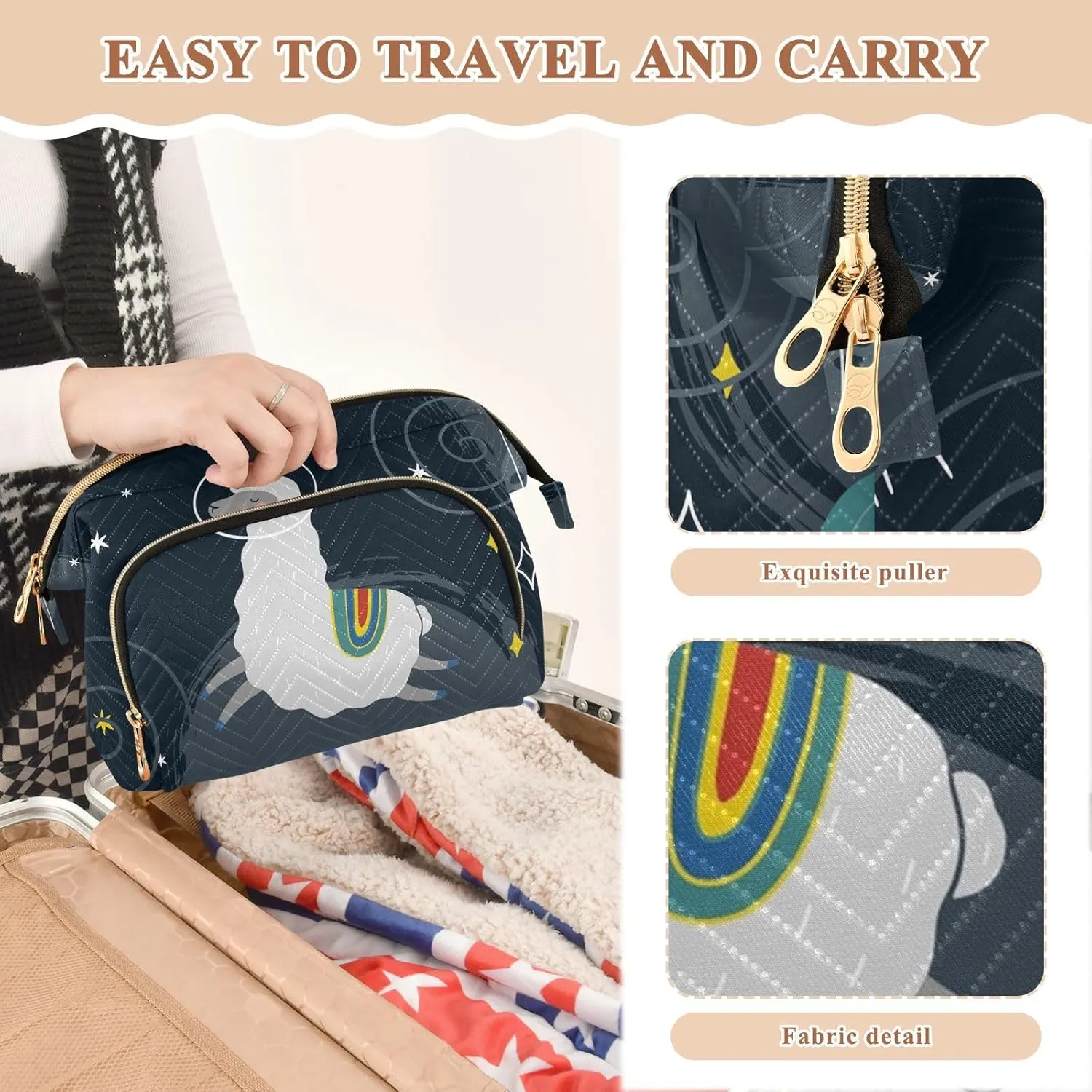 Women Wave Quilt Cosmetic Bag, Zipper Toiletry Storage 10.2x5.9x6.7 in, Pouch Handbag Makeup Case Purse Holder Organizer Print Llama Alpaca On Black