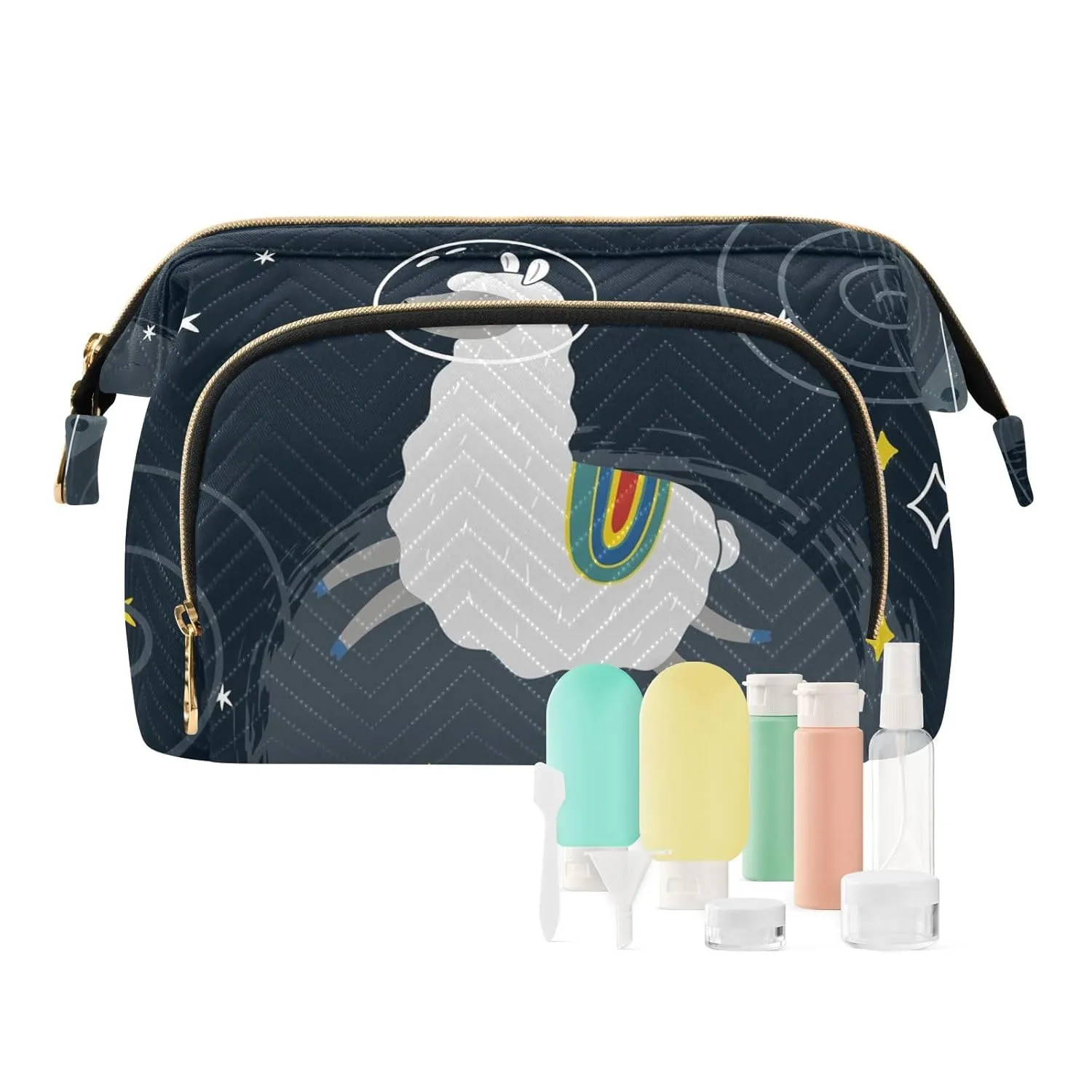 Women Wave Quilt Cosmetic Bag, Zipper Toiletry Storage 10.2x5.9x6.7 in, Pouch Handbag Makeup Case Purse Holder Organizer Print Llama Alpaca On Black