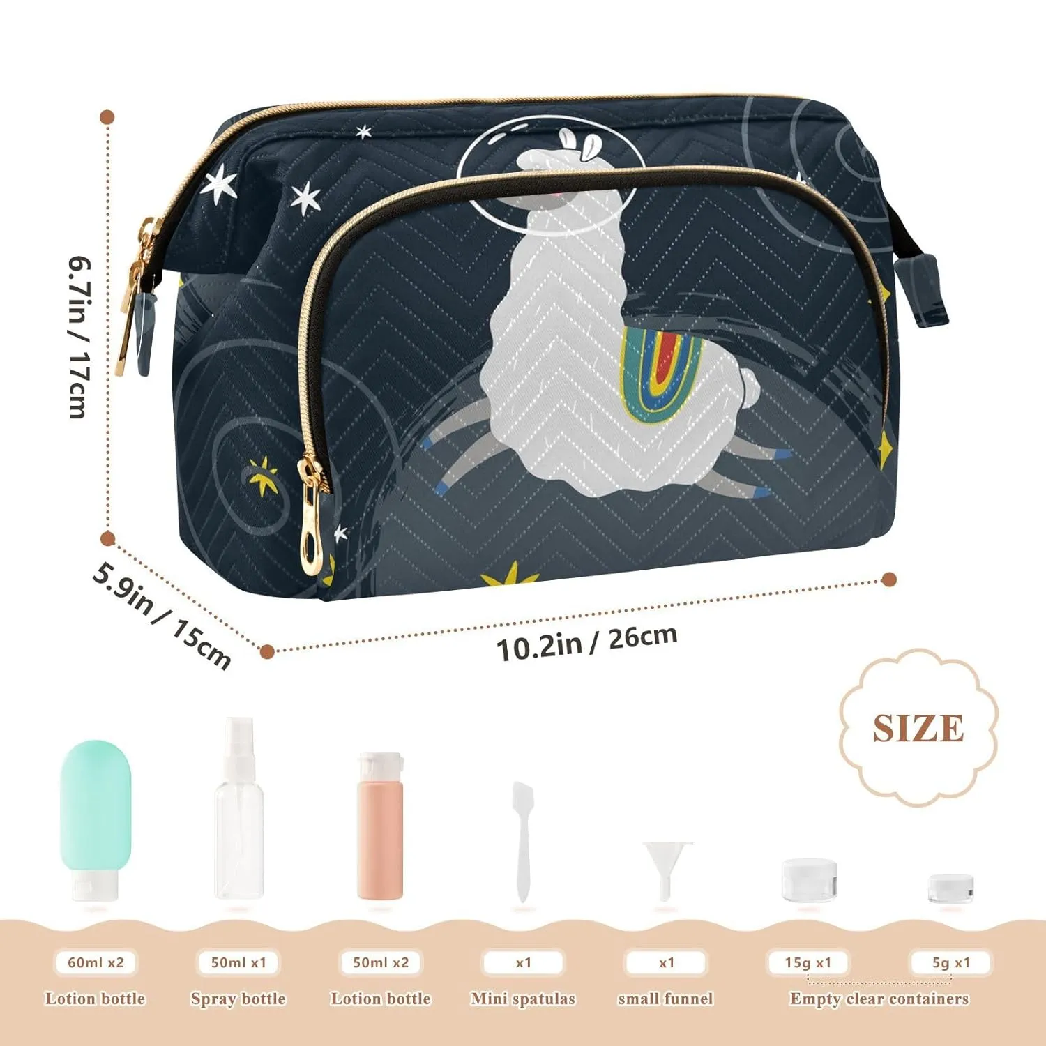 Women Wave Quilt Cosmetic Bag, Zipper Toiletry Storage 10.2x5.9x6.7 in, Pouch Handbag Makeup Case Purse Holder Organizer Print Llama Alpaca On Black