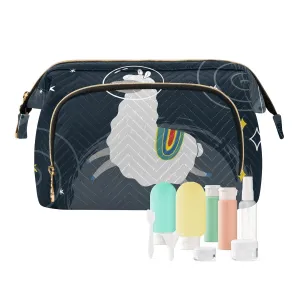 Women Wave Quilt Cosmetic Bag, Zipper Toiletry Storage 10.2x5.9x6.7 in, Pouch Handbag Makeup Case Purse Holder Organizer Print Llama Alpaca On Black