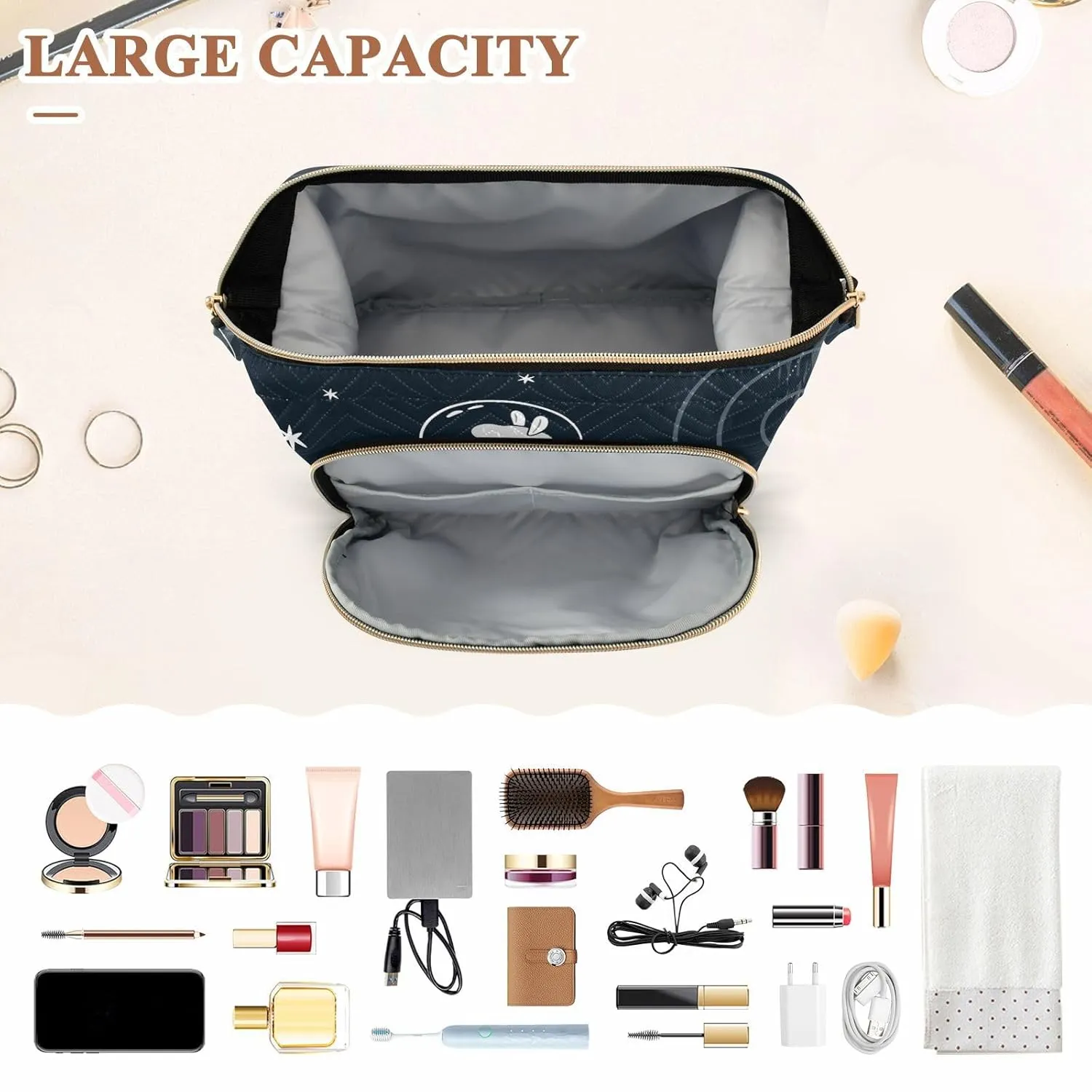 Women Wave Quilt Cosmetic Bag, Zipper Toiletry Storage 10.2x5.9x6.7 in, Pouch Handbag Makeup Case Purse Holder Organizer Print Llama Alpaca On Black