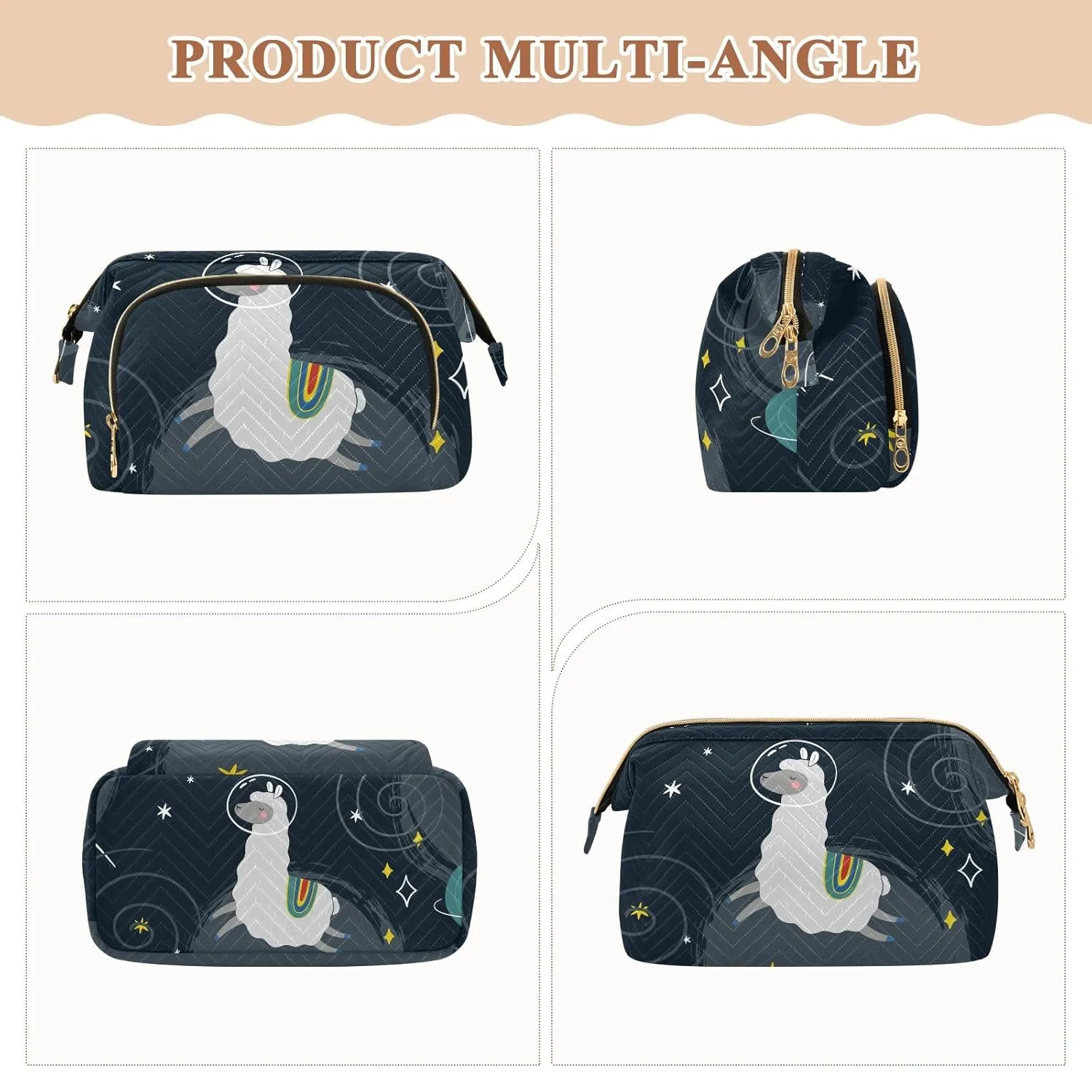 Women Wave Quilt Cosmetic Bag, Zipper Toiletry Storage 10.2x5.9x6.7 in, Pouch Handbag Makeup Case Purse Holder Organizer Print Llama Alpaca On Black