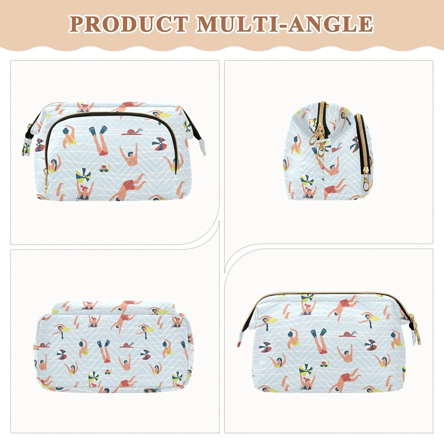 Women Wave Quilt Cosmetic Bag, Zipper Toiletry Storage 10.2x5.9x6.7 in, Pouch Handbag Makeup Case Purse Holder Organizer Print People Swimming In The Pool Sea Water