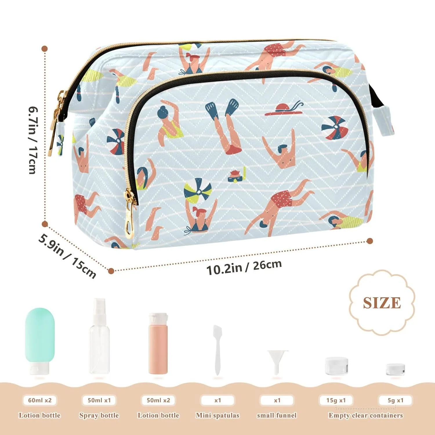 Women Wave Quilt Cosmetic Bag, Zipper Toiletry Storage 10.2x5.9x6.7 in, Pouch Handbag Makeup Case Purse Holder Organizer Print People Swimming In The Pool Sea Water