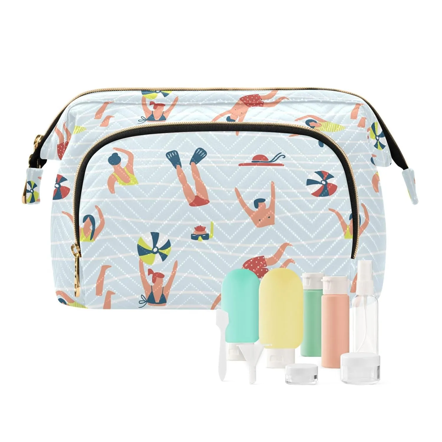 Women Wave Quilt Cosmetic Bag, Zipper Toiletry Storage 10.2x5.9x6.7 in, Pouch Handbag Makeup Case Purse Holder Organizer Print People Swimming In The Pool Sea Water
