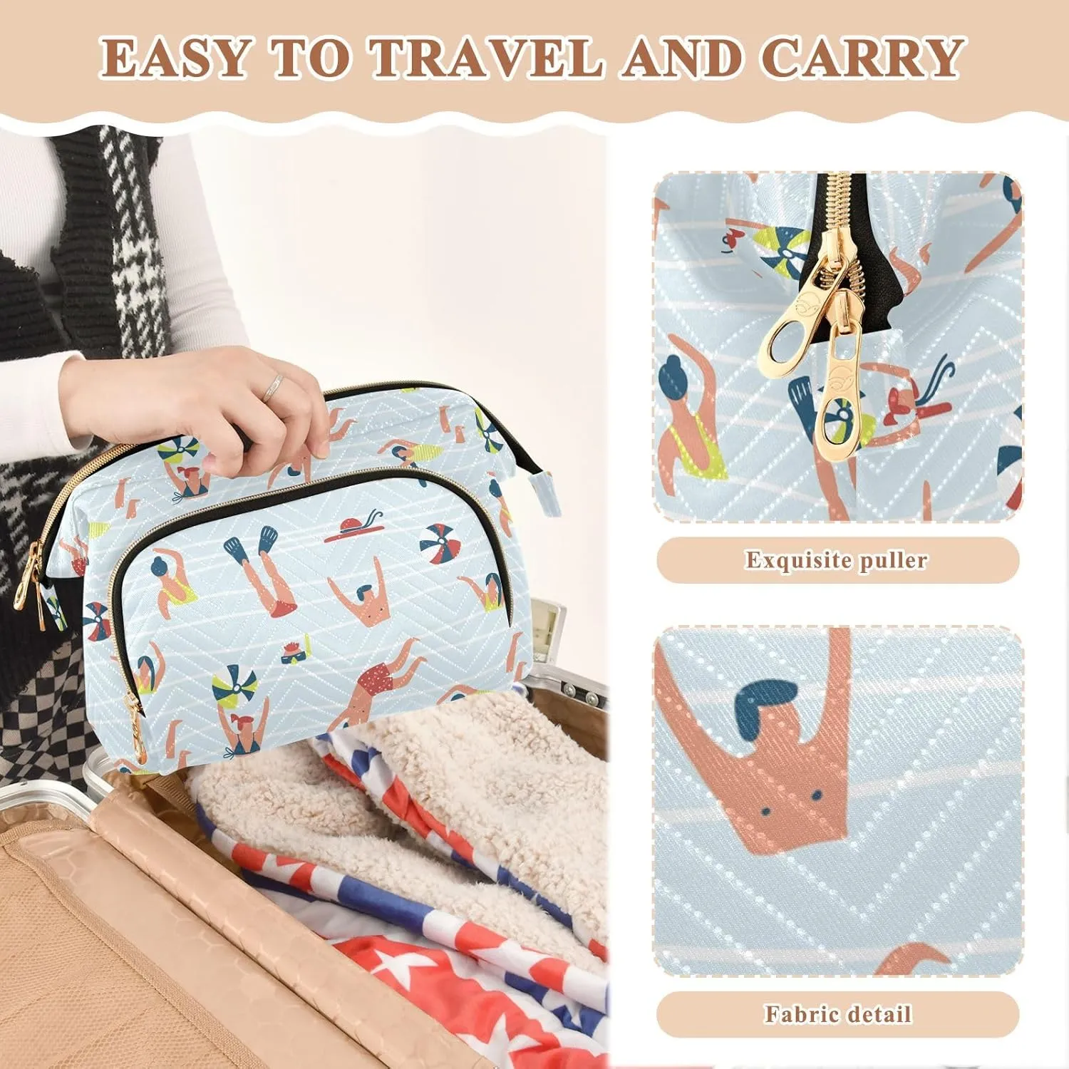 Women Wave Quilt Cosmetic Bag, Zipper Toiletry Storage 10.2x5.9x6.7 in, Pouch Handbag Makeup Case Purse Holder Organizer Print People Swimming In The Pool Sea Water
