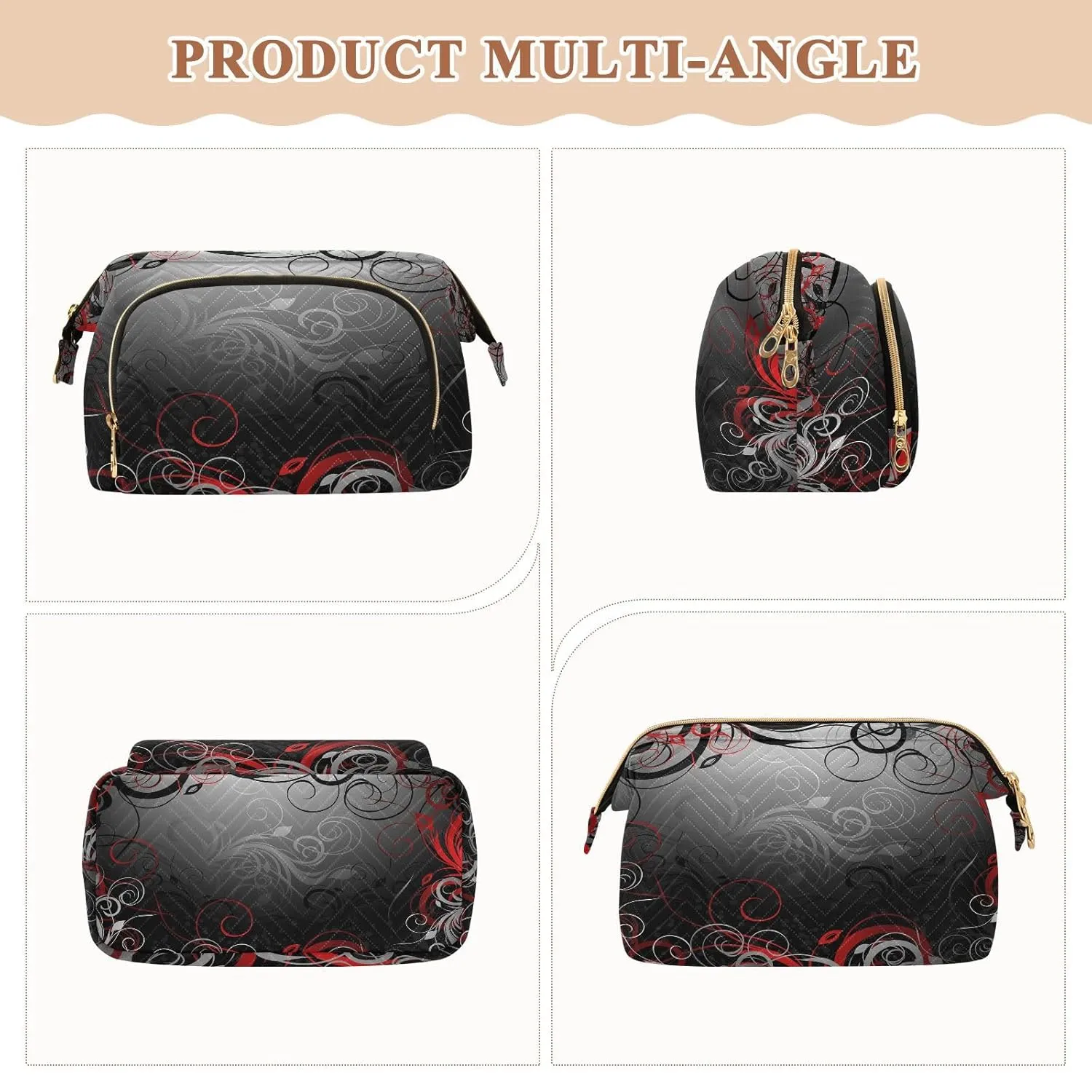 Women Wave Quilt Cosmetic Bag, Zipper Toiletry Storage 10.2x5.9x6.7 in, Pouch Handbag Makeup Case Purse Holder Organizer Print Red Black Grey Floral Leaf Swirl Abstract